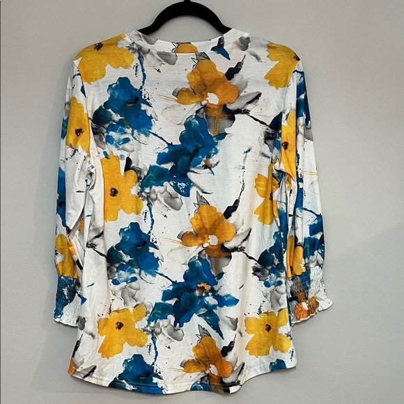 LOMON Women’s Floral Print Blue & YellowTop 3/4 Sleeves V-Neck - Picture 6 of 6